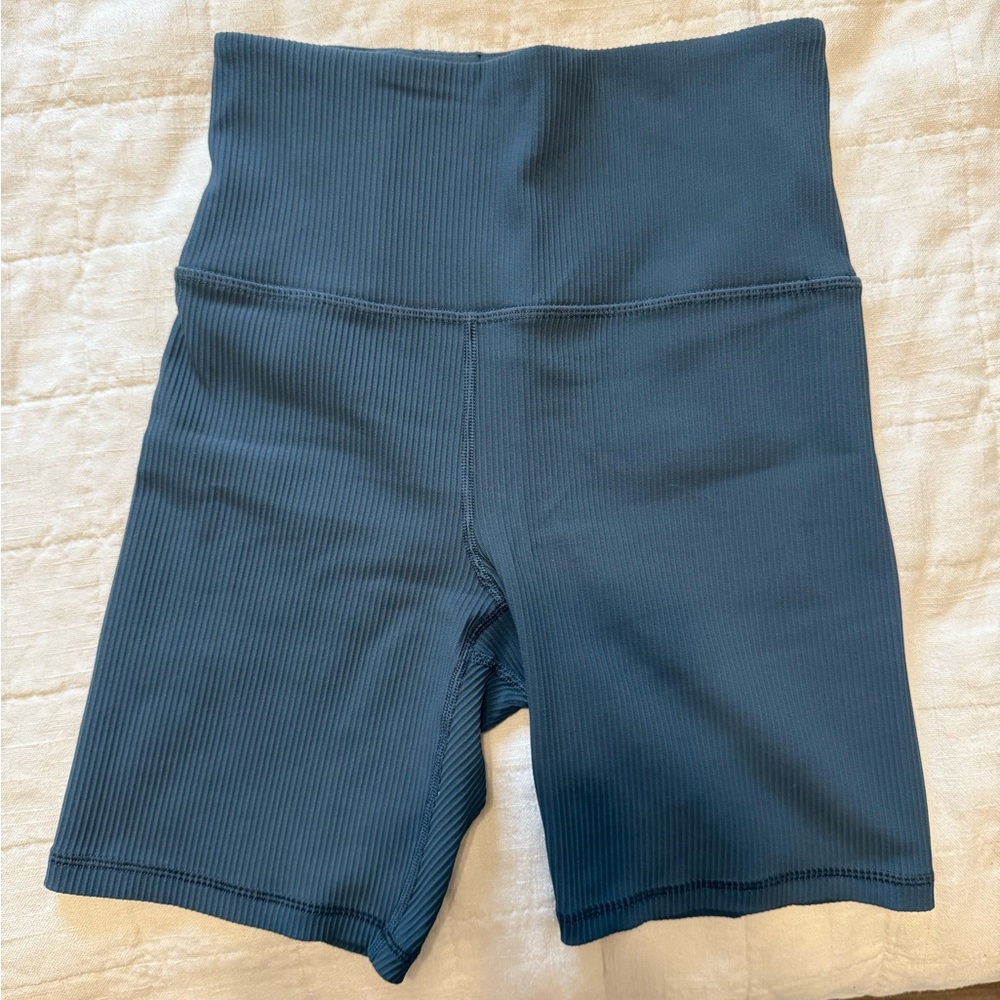 Athleta High-Waisted Ribbed Bike Shorts in Blue